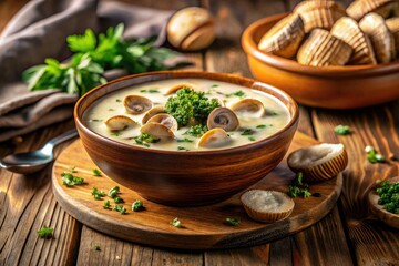 Creamy Clam Chowder in a Rustic Bowl with Fresh Herbs and Crackers - Comfort Food, Seafood Delight, Cozy Dining Experience