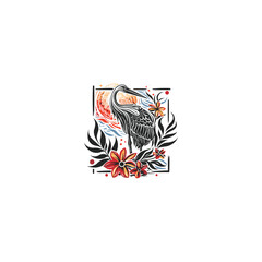 Fototapeta premium Heron with floral ornament logo design vector illustration