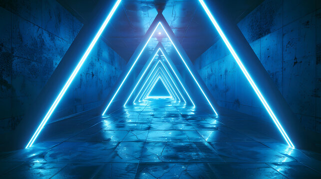 Abstract blue futuristic background. Space from glowing neon light tubes of astera on a black background. Abstract technology. Tunnel interior view from a triangle. Led lamp. 3d ren