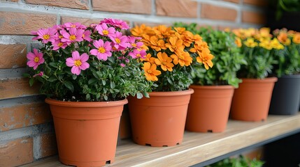 Fototapeta premium horticulture botany and techniques, A vibrant display of potted flowers in shades of pink, orange, and green, arranged neatly on a wooden shelf against a brick wall.