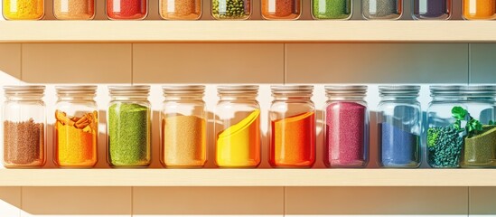 Colorful spices in glass jars on wooden shelves.