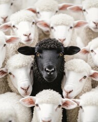 Obraz premium A striking image of a black sheep surrounded by white sheep, symbolizing individuality and standing out from the crowd.
