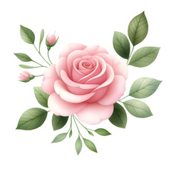 pink rose with leaves on transparent background