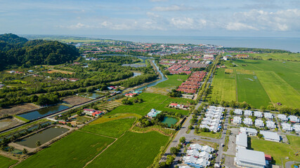 Aerial drone view of residential area near green paddy crops land at Kampung Wai, Perlis, Malaysia