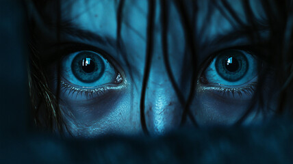 Scared eyes, close up. Illustration for horror or mystery story



