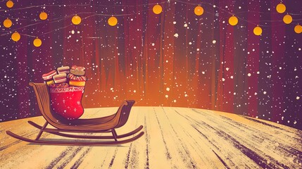 Fototapeta premium Charming Vintage Christmas Scene: Cozy Wooden Sled with Red Stocking on Snowy Ground - Perfect for Holiday Home Decor or Festive Sports Room Poster!