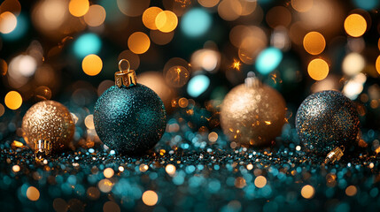 A vibrant teal and gold glitter bokeh backdrop, evoking a festive holiday atmosphere filled with sparkling energy and joyful anticipation of the season's celebrations and festivities

