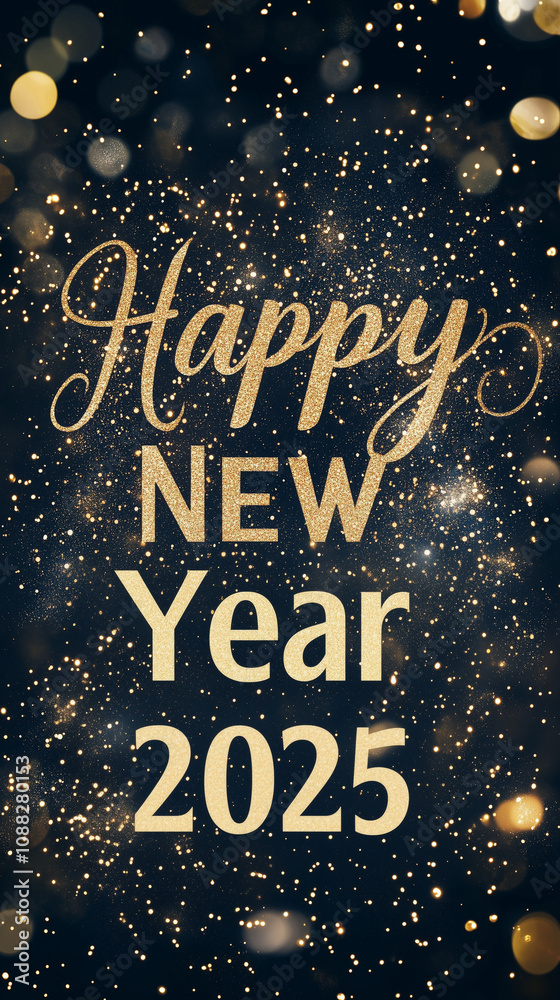 Wall mural 2025 happy new year abstract shiny gold glitter wave with bokeh design element