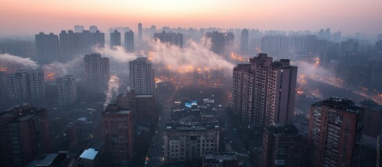 Fototapeta premium A misty sunrise over a city skyline with tall buildings and fog.