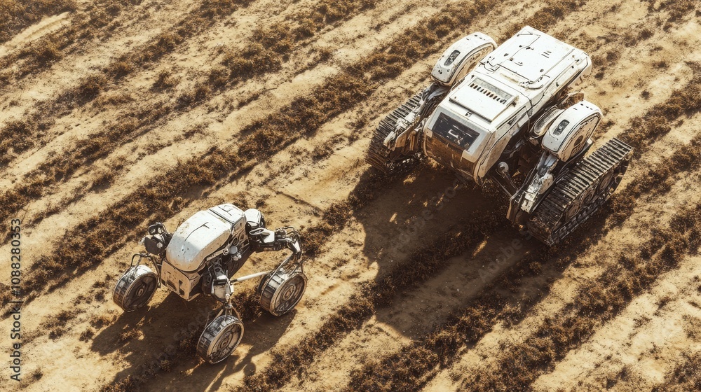 Poster advanced robotics are actively working on a farm, planting or harvesting crops in a vast field under