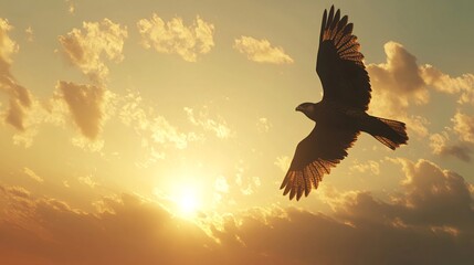 A majestic falcon flying high in the dynamic sky during sun rise time, natural lighting,