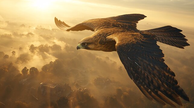 A majestic falcon flying high in the dynamic sky during sun rise time, natural lighting,