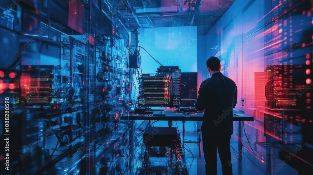 Poster An advanced quantum computing laboratory with scientists conducting experiments on qubits and quantum algorithms, Quantum technology style, photo of