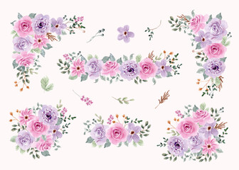 delicate purple pink floral bouquet watercolor collection