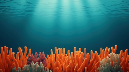 SEO Content Trends Concept. A vibrant coral reef with orange and pink corals, illuminated by sunlight filtering through the clear blue water above.