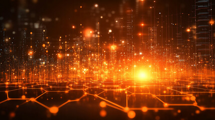 An abstract medical technology background featuring orange tones and geometric patterns symbolizing innovation, healthcare, digital progress, and scientific advancements in medicine and technology