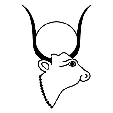 recommend clip art: Head of ancient Egyptian sacred cow. Goddess Hesat or Hathor. Black and white silhouette.