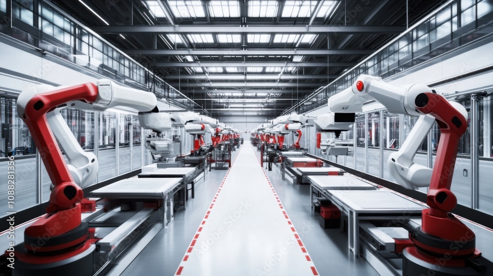 Poster An advanced robotics manufacturing plant, filled with robotic arms and automated assembly lines, Robotics technology style