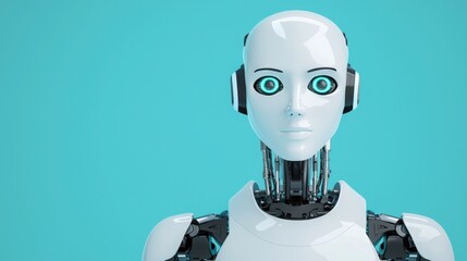 SEO Content Trends Concept. A futuristic robot with a smooth face and glowing eyes, set against a vibrant turquoise background.