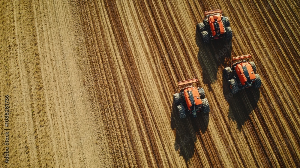 Poster robotic machines are busy planting crops on a large farm, showcasing advanced agricultural technolog