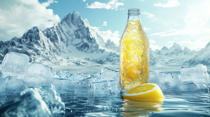 Obraz premium Refreshing water bottle with ice cubes and lemon in nature