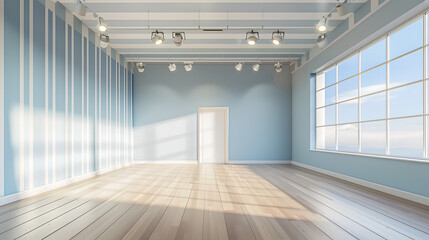 modern dance studio with striped light blue and white walls, a light gray ceiling, large windows on the right side of the room showing the sky outside