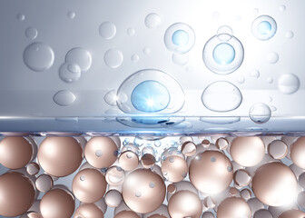 Skin Rejuvenation, Skin Layer And Skin Cell, Serum Oil Drop On Skin Cell, Moisturizer, Collagen serum, 3D Rendering