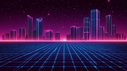 Retro futuristic city skyline at night.