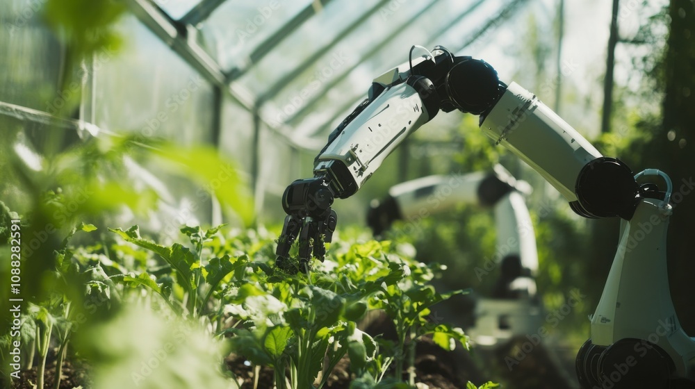 Poster An AI-powered autonomous farming robot tending to crops in a high-tech greenhouse, Precision agriculture style, photo of