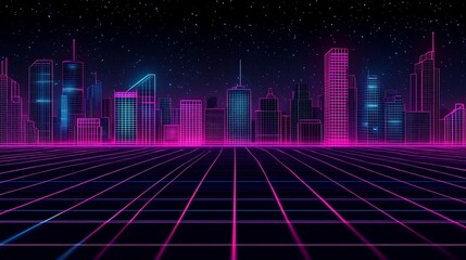Retro futuristic cityscape at night.