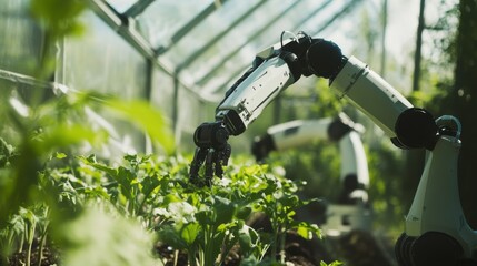 An AI-powered autonomous farming robot tending to crops in a high-tech greenhouse, Precision agriculture style, photo of