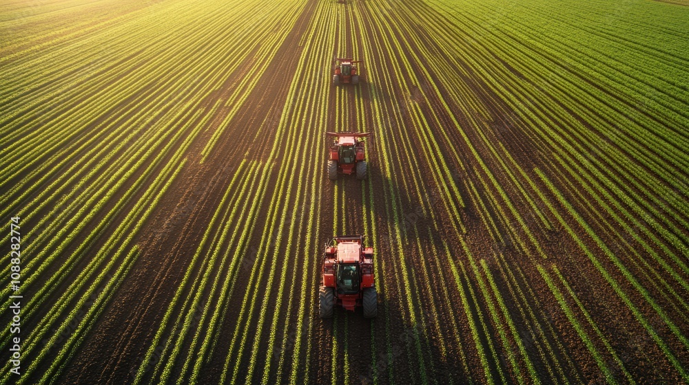 Poster Robotic machines work meticulously to plant crops in neat rows on a lush farm under a bright sky. Generative AI