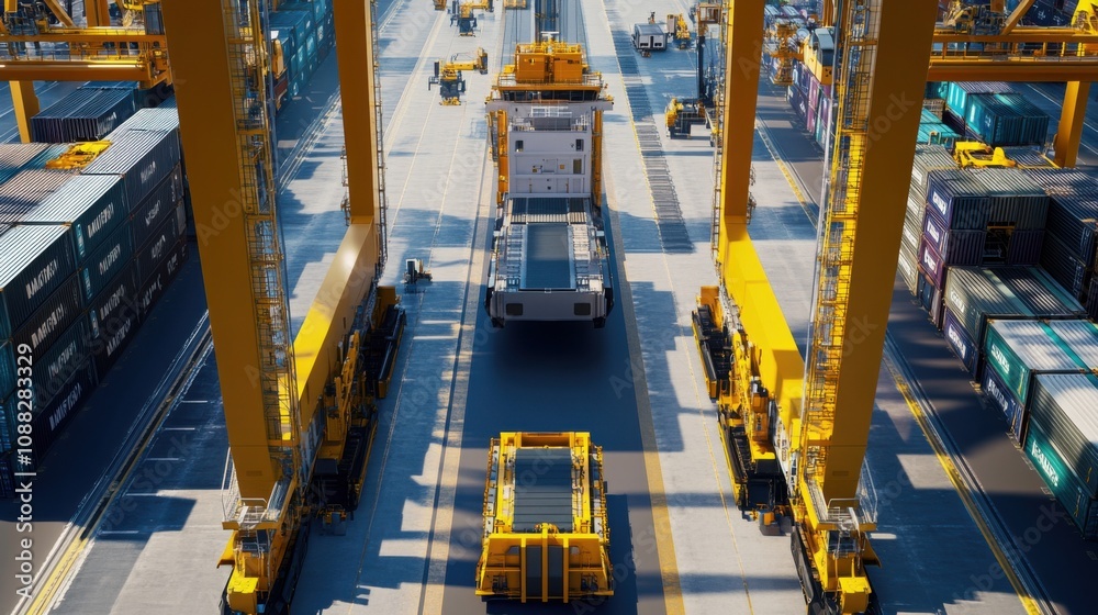 Aufkleber An autonomous shipping port with robotic cranes loading and unloading cargo containers from container ships, Maritime logistics automation style, photo of
