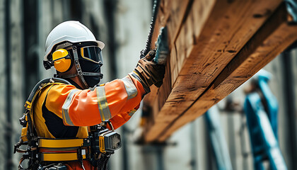 construction worker in exoskeleton lifts heavy wood beams