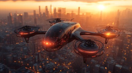 A sleek passenger drone taking off from a rooftop helipad, soaring over skyscrapers with stunning city views from a transparent cabin.