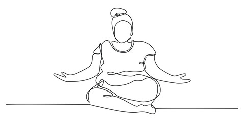continuous line drawing of fat woman yoga.one line drawing portrait of fat woman doing yoga meditation.single line vector illustration.isolated white background