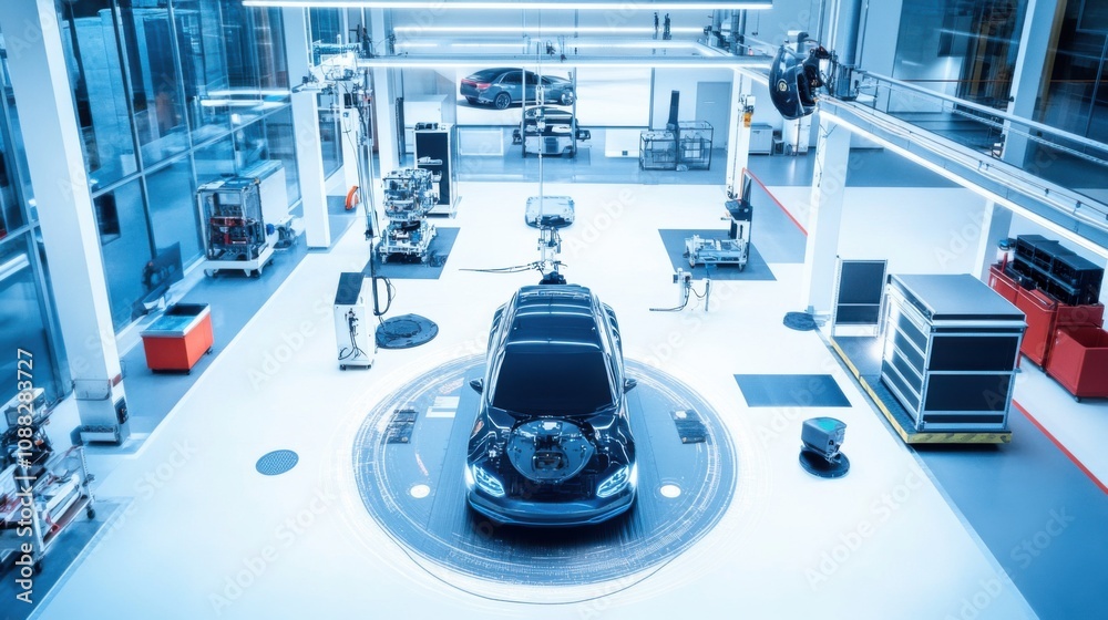 Poster an autonomous vehicle testing facility, with self-driving cars and advanced sensor systems, automoti