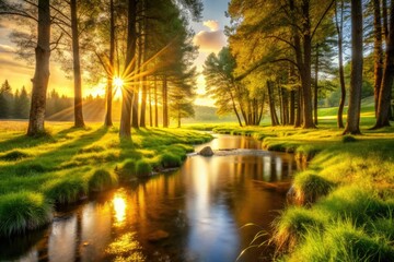 Tranquil Stream Illuminated by Golden Sunlight in a Lush Green Landscape