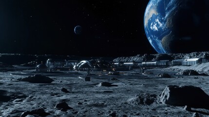 An expansive lunar landscape with a futuristic lunar base and Earthrise in the background, Space colonization style, photo of
