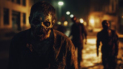 Night of the undead: Zombie horde stalks the city streets under the glow of streetlights.