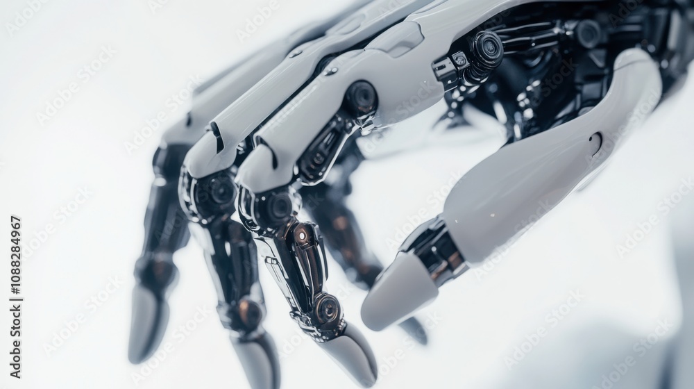 Poster An extreme close-up of a bio-inspired robotic hand, demonstrating dexterity and tactile sensing capabilities, Robotics technology style