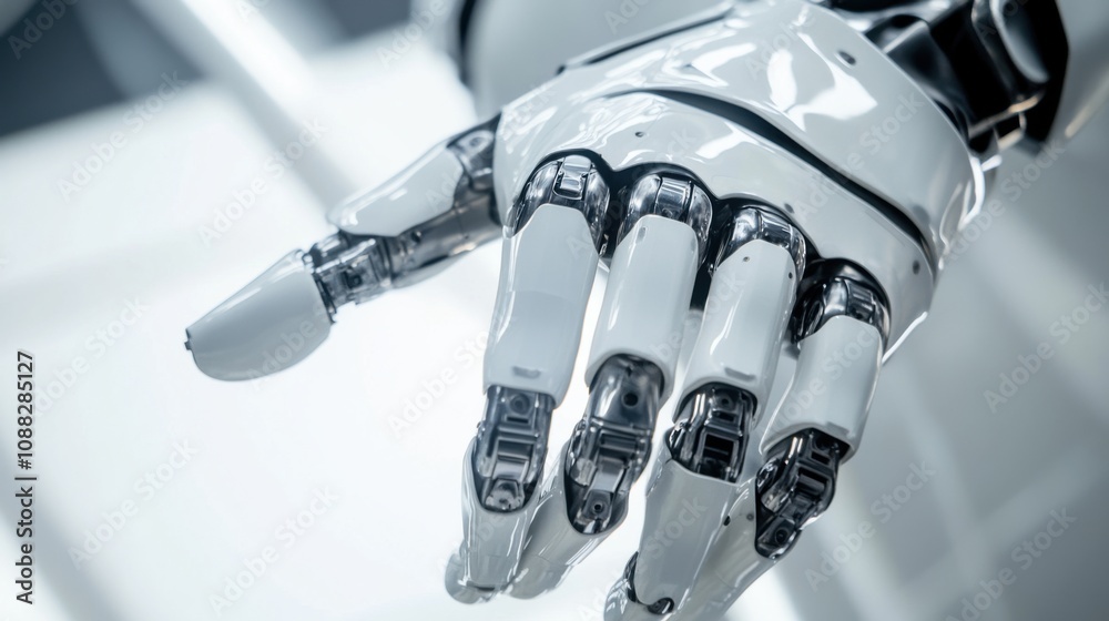 Poster an extreme close-up of a bio-inspired robotic hand, demonstrating dexterity and tactile sensing capa