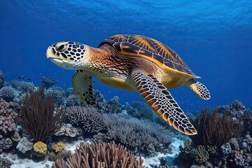 Colorful Turtle Gliding Through Coral Reef Underwater Scenery