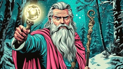 Naklejka premium Enchanting Old Sage with Glowing Orb Staff in Mystical Snowy Forest – Perfect for a Dramatic Fantasy-Themed Poster in Your Sports or Game Room