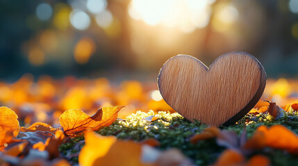 Fototapeta premium wooden heart rests on vibrant green moss, symbolizing love, nature, and harmony, evoking feelings of warmth, connection, and peace, with a serene and organic atmosphere enveloping the heart