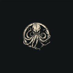 Octopus vintage engraving logo design vector illustration