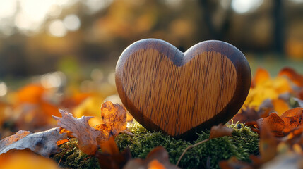 Fototapeta premium wooden heart rests on vibrant green moss, symbolizing love, nature, and harmony, evoking feelings of warmth, connection, and peace, with a serene and organic atmosphere enveloping the heart
