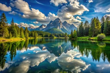 Obraz premium Tranquil High-Altitude Lake Surrounded by Majestic Peaks and Lush Greenery Under a Brilliant Sky - Serene Nature Landscape Photography