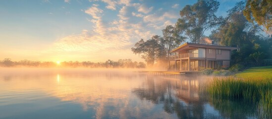 Fototapeta premium Modern lake house with misty sunrise and reflection.