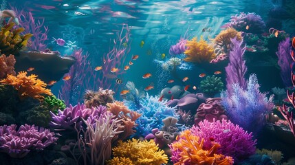 Obraz premium A vibrant coral reef teeming with colorful marine life, including various species of fish
